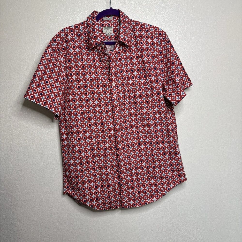 J.CREW Men's Organic Cotton Red Sky-Blue Floral Short-Sleeve Shirt Medium